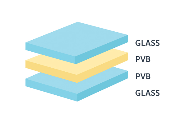 Схема строения стекла триплекс с показом слоев стекла и полимерной пленки