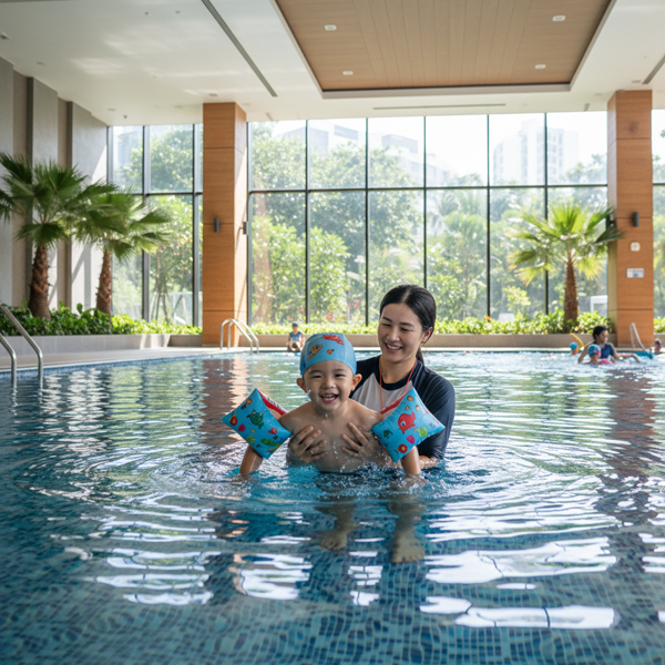 Тренер поддерживает ребенка 4-5 лет во время обучения плаванию в современном бассейне. Ребенок улыбается, вода чистая и прозрачная.