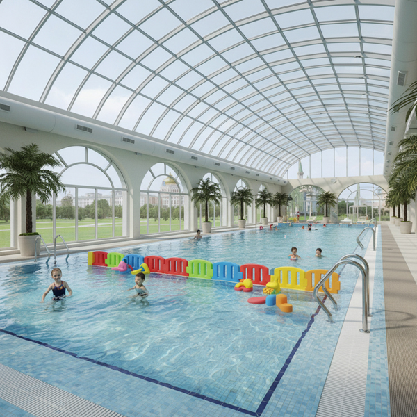Современный детский бассейн с прозрачной водой, удобными поручнями, неглубокой зоной для обучения и ярким, безопасным инвентарем.